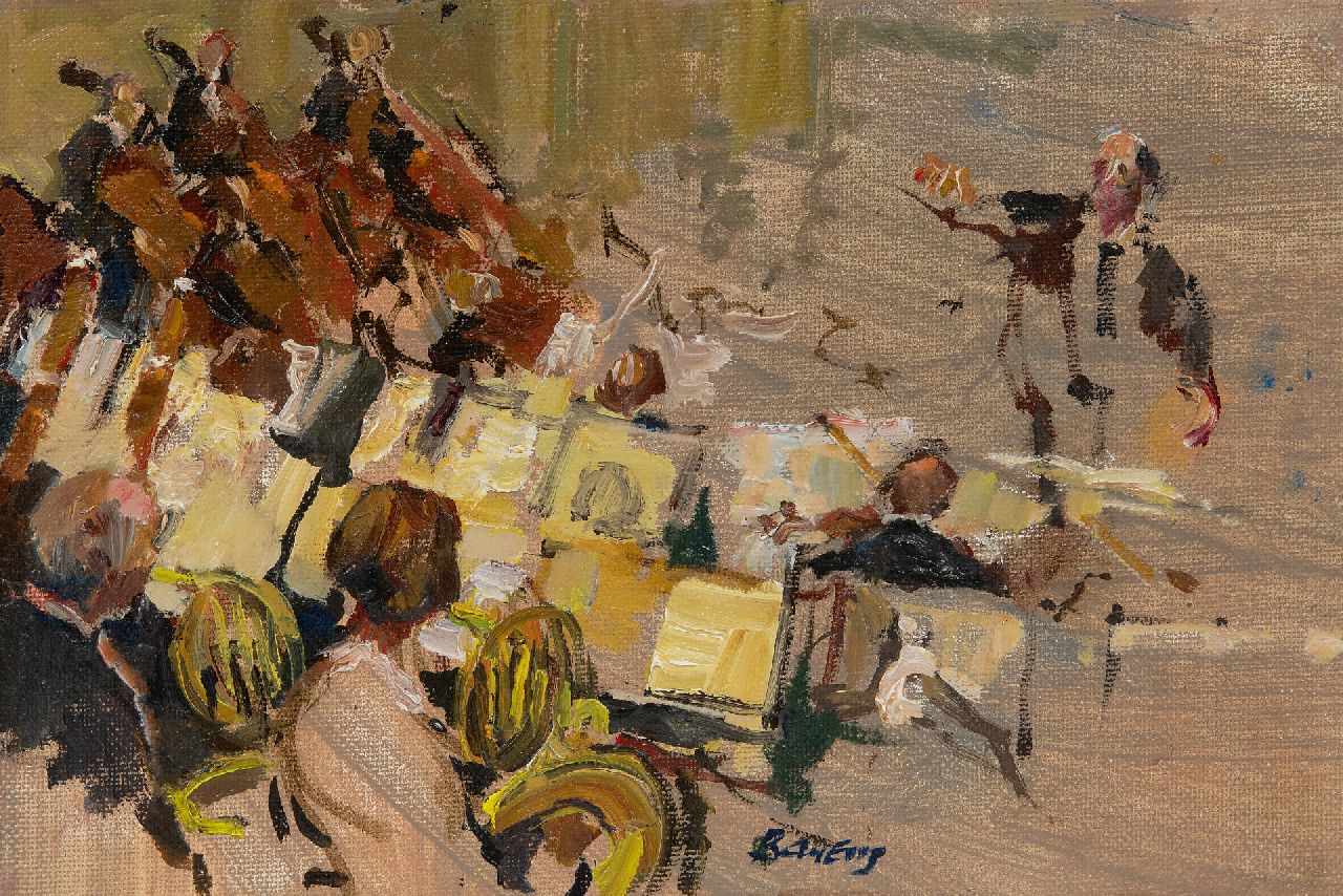 Bayens H.  | Hans Bayens | Schilderijen te koop aangeboden | Het concertgebouworkest onder leiding van Carlo M. Giulini, olieverf op schildersboard 16,5 x 24,4 cm, gesigneerd rechtsonder
