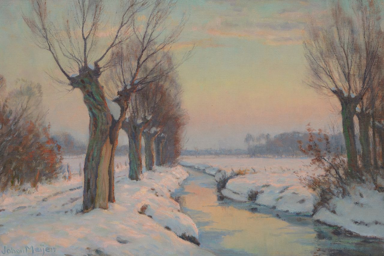 Meijer J.  | Johannes 'Johan' Meijer | Schilderijen te koop aangeboden | Sneeuwlandschap bij zonsopgang, olieverf op doek 40,5 x 59,5 cm, gesigneerd linksonder
