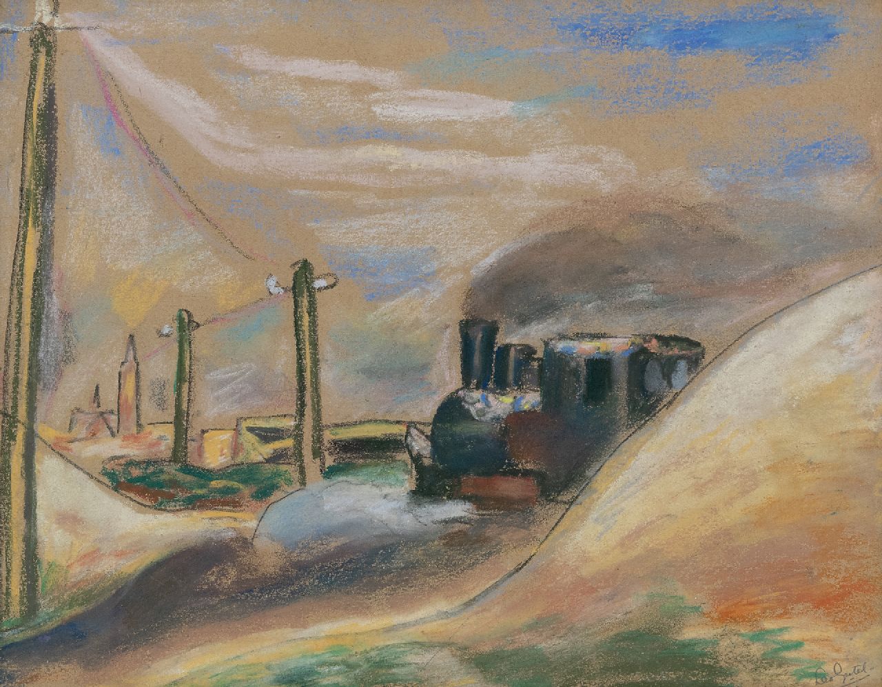 Gestel L.  | Leendert 'Leo' Gestel | Aquarellen en tekeningen te koop aangeboden | Amsterdam West, zandtrein op het Ringspoor, de machinist is jarig, pastel op papier 25,9 x 32,8 cm, gesigneerd rechtsonder en gedateerd 1934