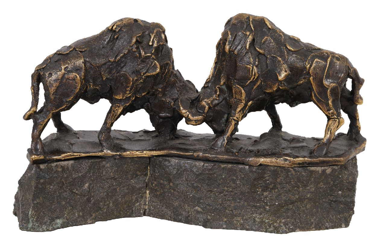 Bakker W.F.  | Willem Frederik 'Jits' Bakker | Beelden en objecten te koop aangeboden | Twee bizons, brons 15,5 x 25,0 cm, gesigneerd op basis