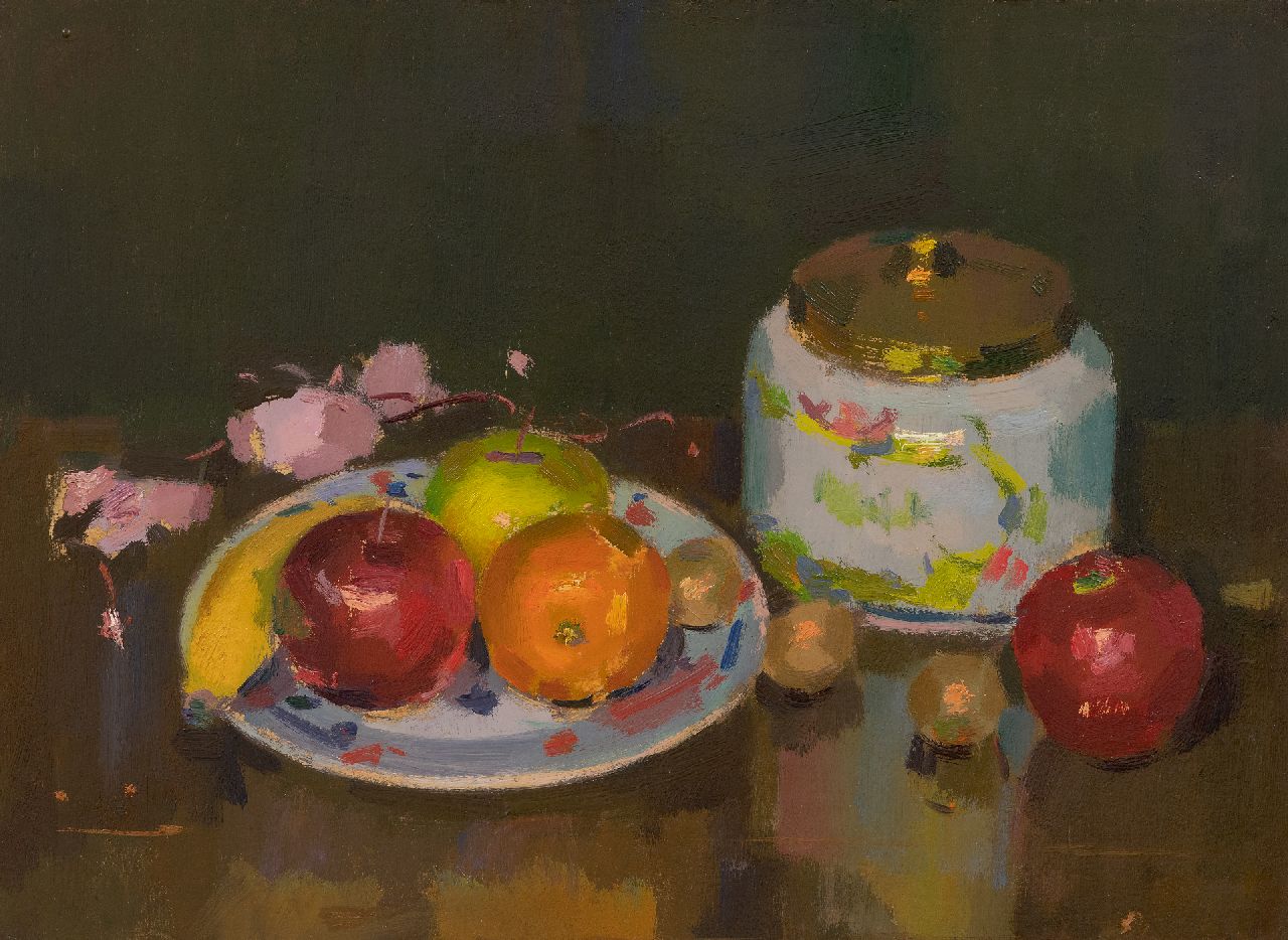 Verdonk F.W.  | Frederik Willem 'Frits' Verdonk | Schilderijen te koop aangeboden | Stilleven met tabakspot en fruit, olieverf op doek op board 36,5 x 49,4 cm