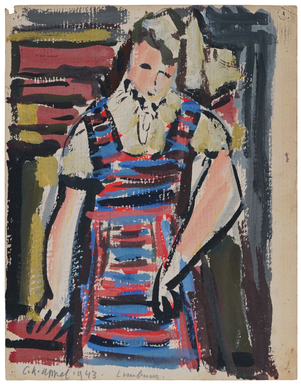Appel C.K.  | Christiaan 'Karel' Appel | Aquarellen en tekeningen te koop aangeboden | Jonge vrouw in gestreepte jurk, gouache op papier 24,8 x 19,9 cm, gesigneerd linksonder en gedateerd 1943