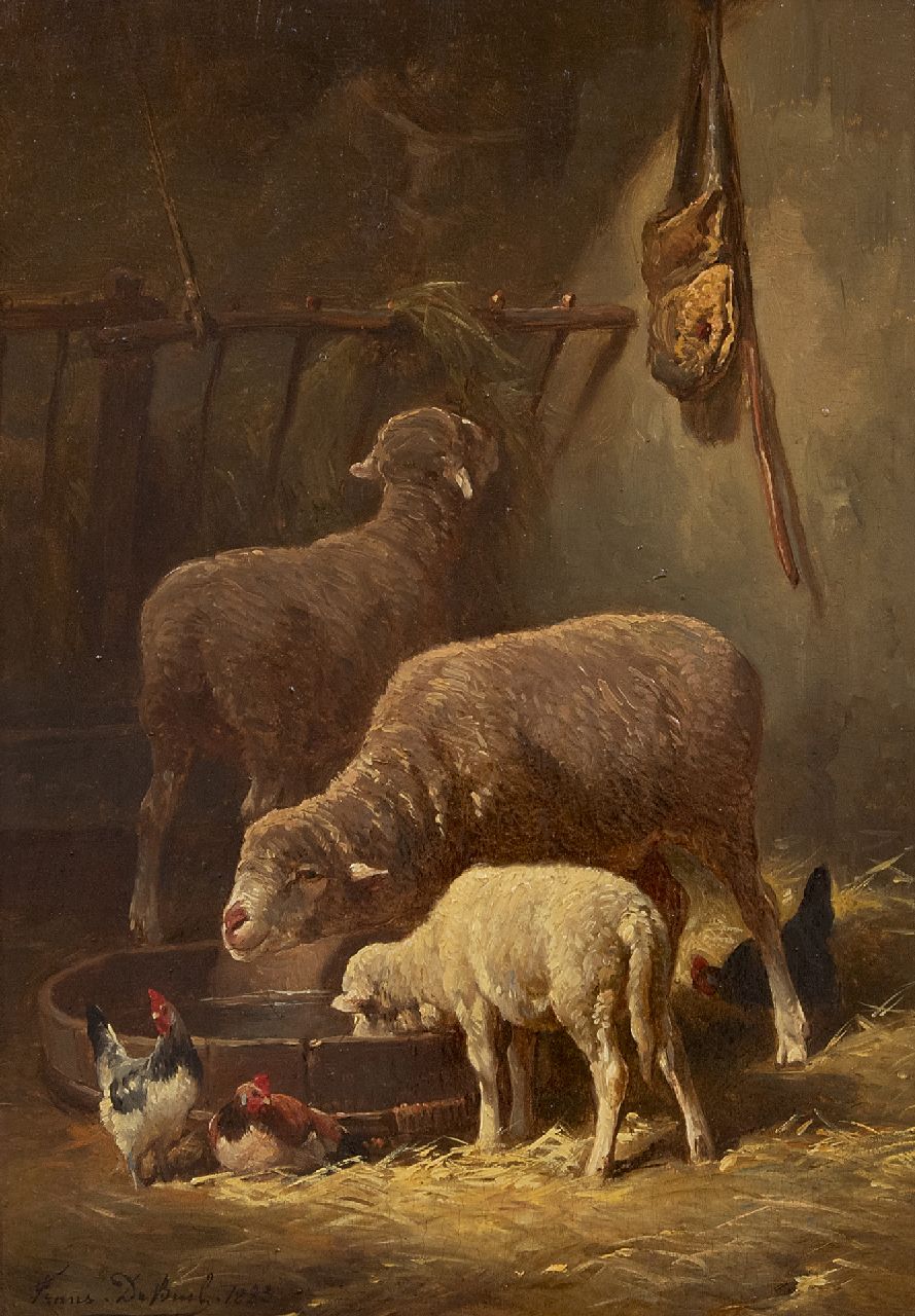 Beul F. de | Frans de Beul, Schapen in de stal  (alleen tezamen), olieverf op paneel 34,3 x 23,2 cm, gesigneerd linksonder en gedateerd 1883