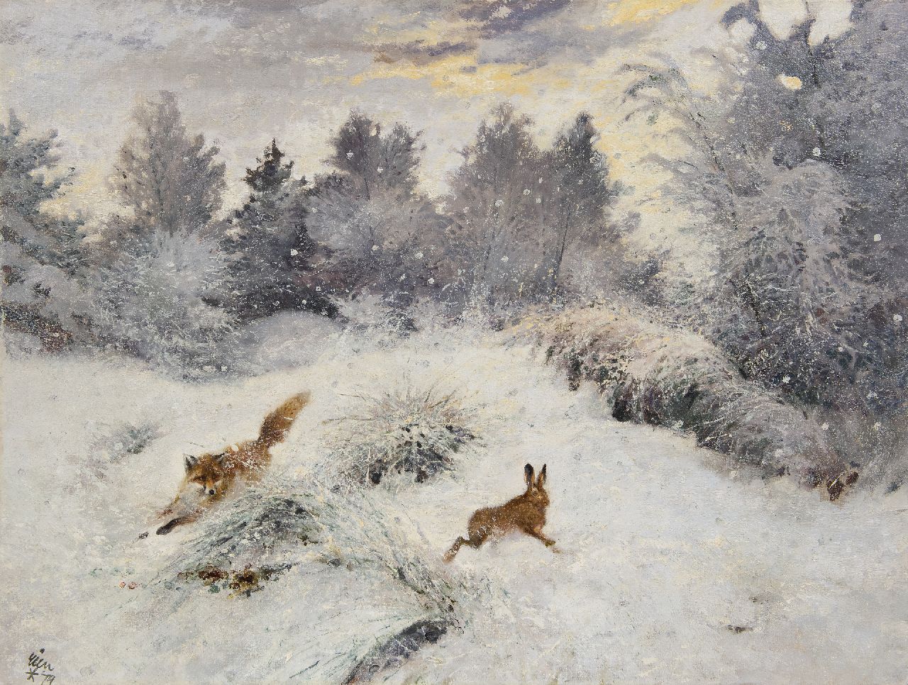 Poortvliet R.  | Rien Poortvliet, Jagende vos in sneeuwlandschap, olieverf op doek 60,4 x 79,9 cm, gesigneerd linksonder en zonder lijst