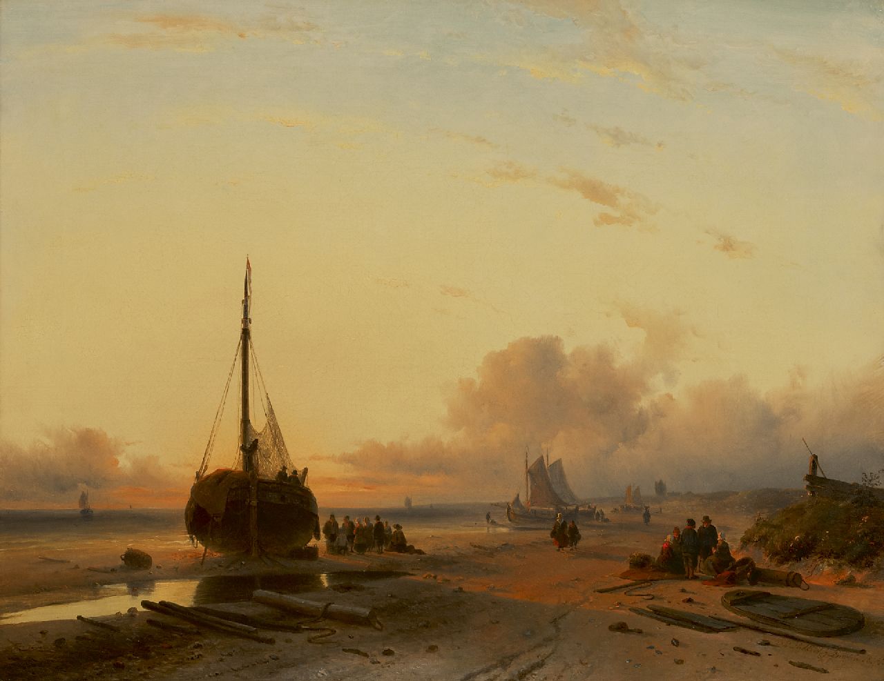 Leickert C.H.J.  | 'Charles' Henri Joseph Leickert | Schilderijen te koop aangeboden | Bomschuiten op het strand bij ondergaande zon, olieverf op doek 58,0 x 75,0 cm, gesigneerd rechtsonder en gedateerd 'London' 1845