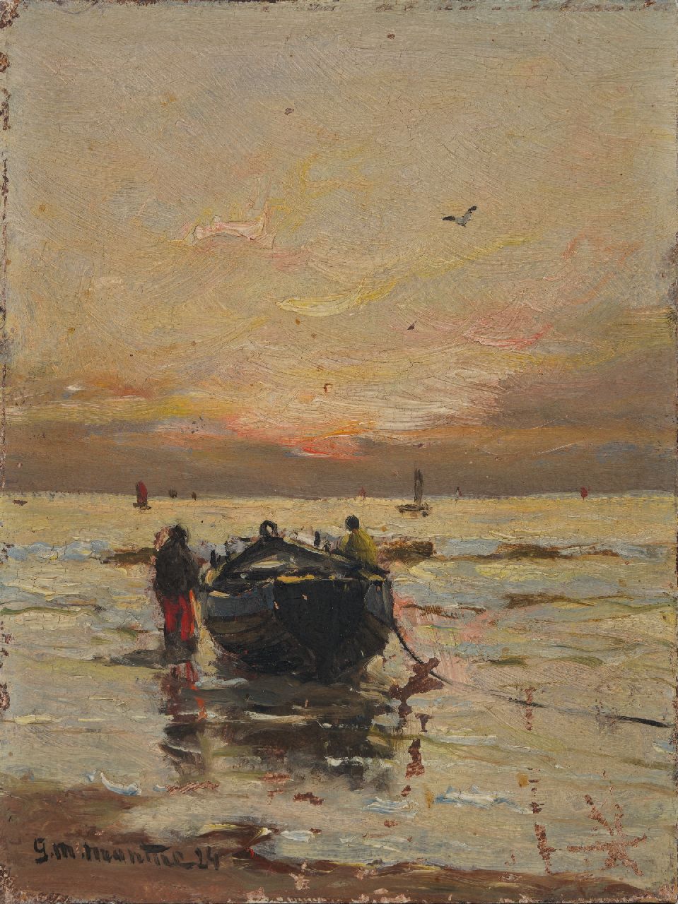 Munthe G.A.L.  | Gerhard Arij Ludwig 'Morgenstjerne' Munthe | Schilderijen te koop aangeboden | Avondstemming op het strand, olieverf op schildersboard 20,0 x 14,9 cm, gesigneerd linksonder en gedateerd '24