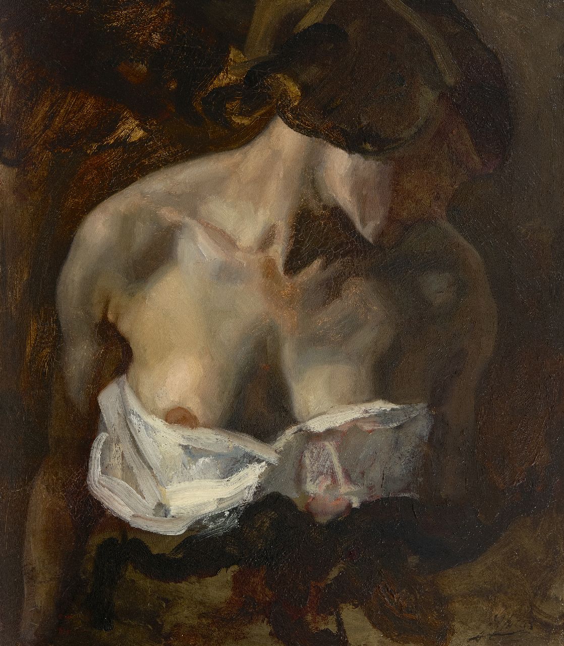 Jurres J.H.  | Johannes Hendricus Jurres, Delilah met ontblote borst (studie voor Samson en Delilah), olieverf op doek 52,3 x 45,5 cm, gesigneerd rechtsonder