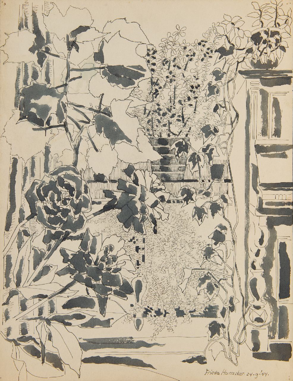 Hunziker F.  | Frieda Hunziker, Balkon en piano (voorstudie), pen, penseel en inkt op papier 45,0 x 34,7 cm, gesigneerd rechtsonder en gedateerd 24-9-'44