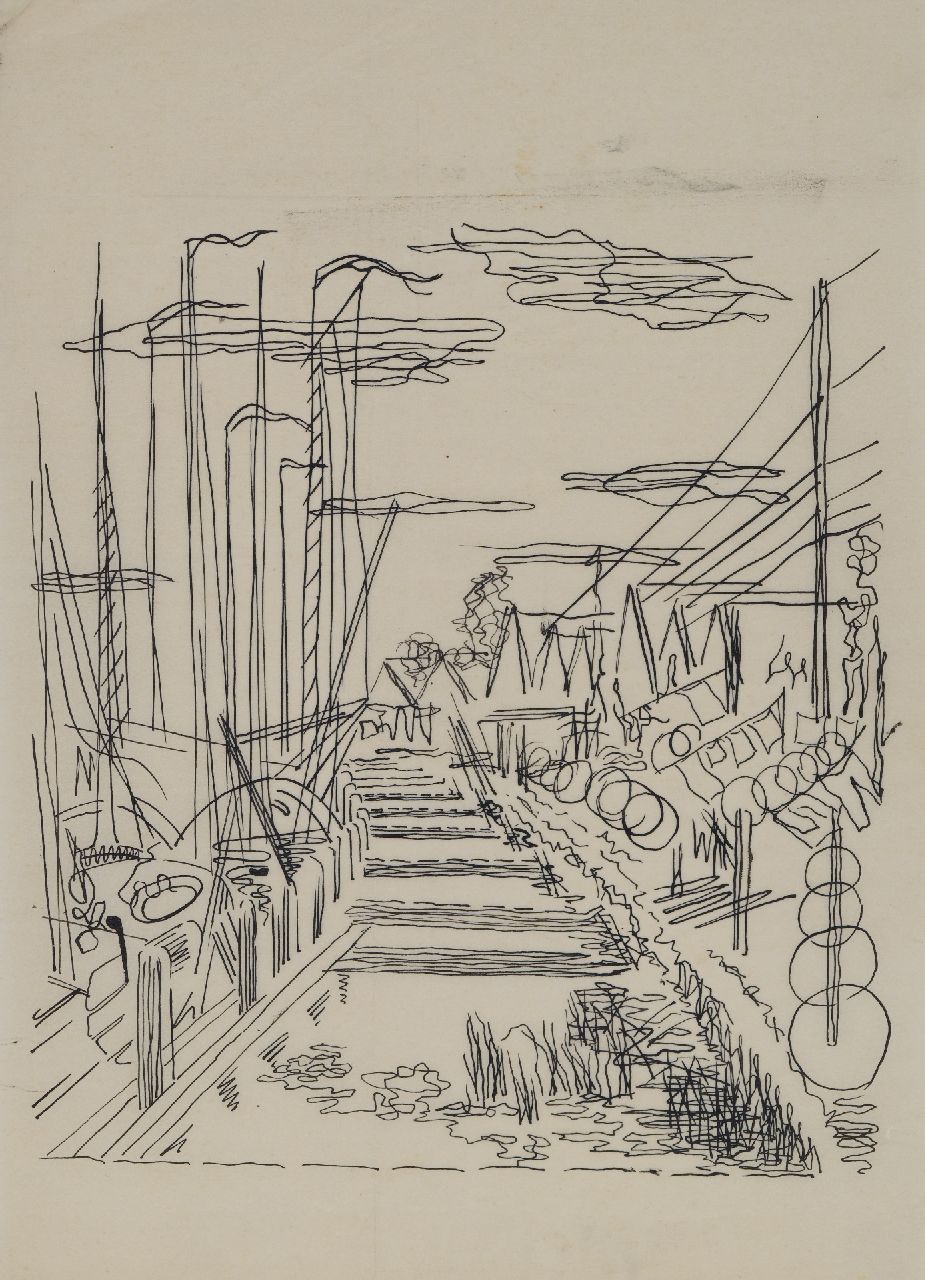 Hunziker F.  | Frieda Hunziker | Aquarellen en tekeningen te koop aangeboden | Huizen aan het water, Durgerdam, pen op vellum 33,1 x 24,0 cm, te dateren ca. 1940-1945