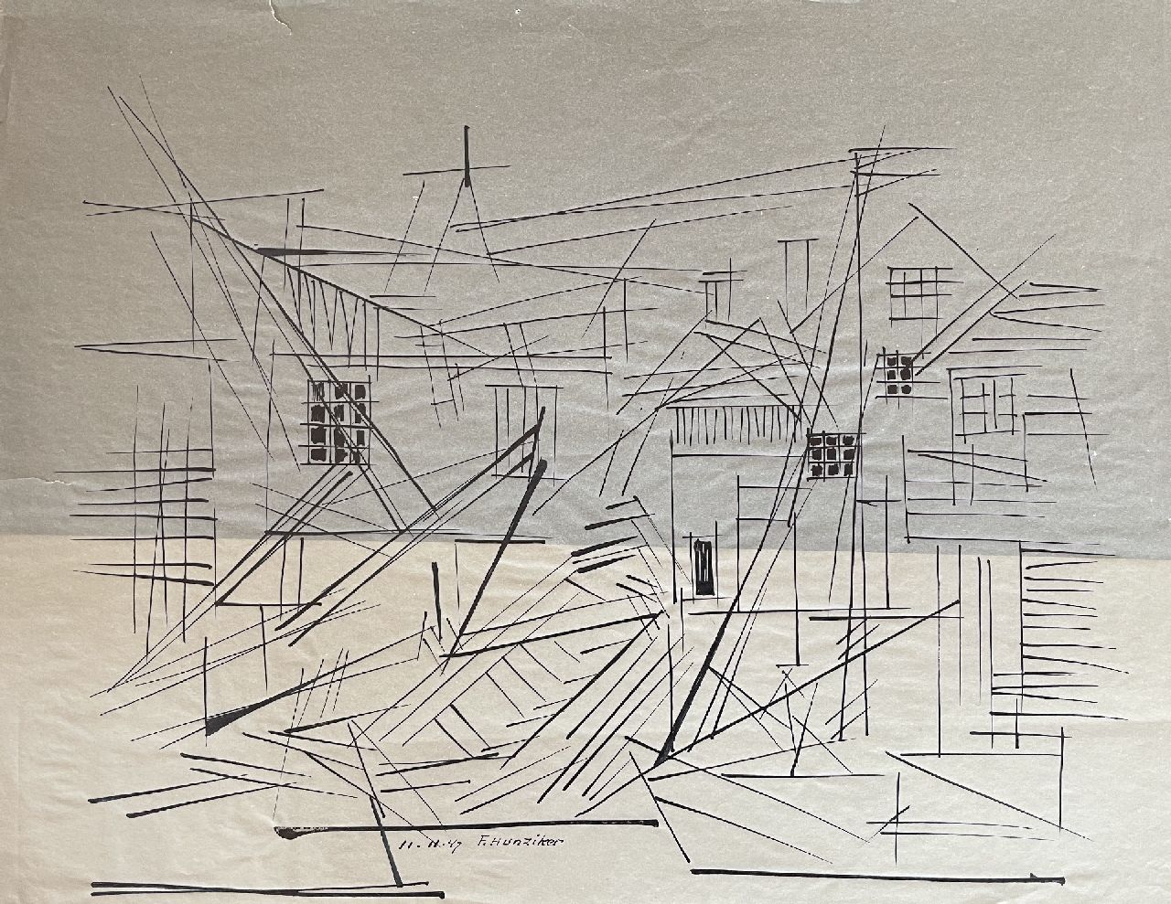 Hunziker F.  | Frieda Hunziker, Huizen en schepen, pen en inkt op vellum 30,0 x 38,5 cm, gesigneerd middenonder en gedateerd 11-11-47