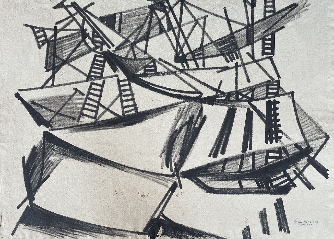 Hunziker F.  | Frieda Hunziker, Curaçao; verso: Compositie, potlood, inkt en zwart krijt op papier 57,5 x 79,2 cm, gesigneerd rechtsonder en te dateren ca. 1952