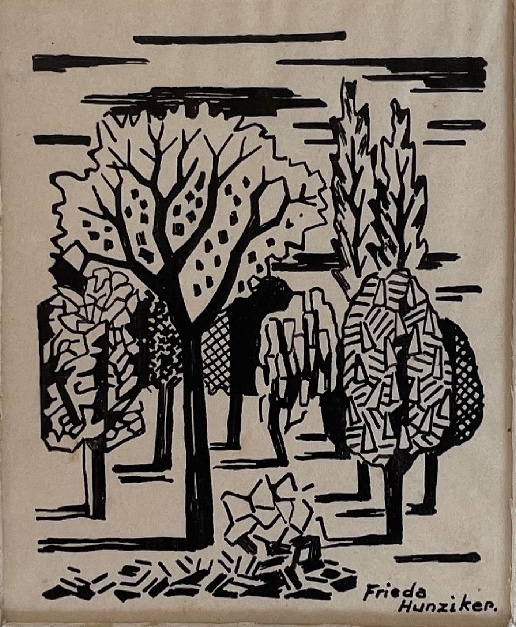 Hunziker F.  | Frieda Hunziker, Bomen, inkt op papier 11,0 x 9,0 cm, gesigneerd rechtsonder en te dateren ca. 1942