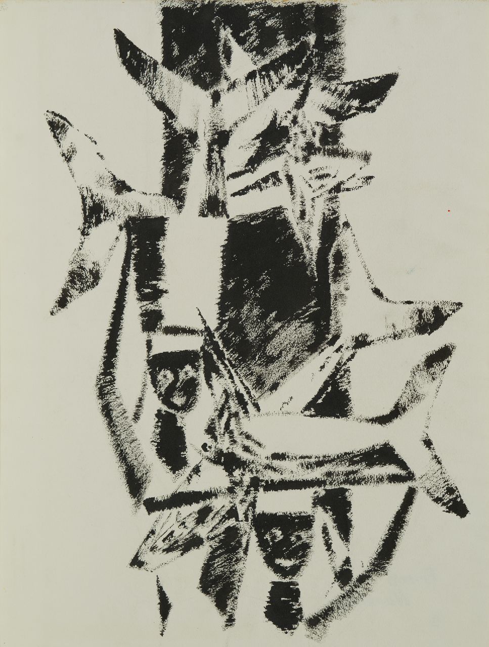 Hunziker F.  | Frieda Hunziker, Compositie met vissen, inkt op papier 74,1 x 56,5 cm, gesigneerd verso en verso gedateerd '53