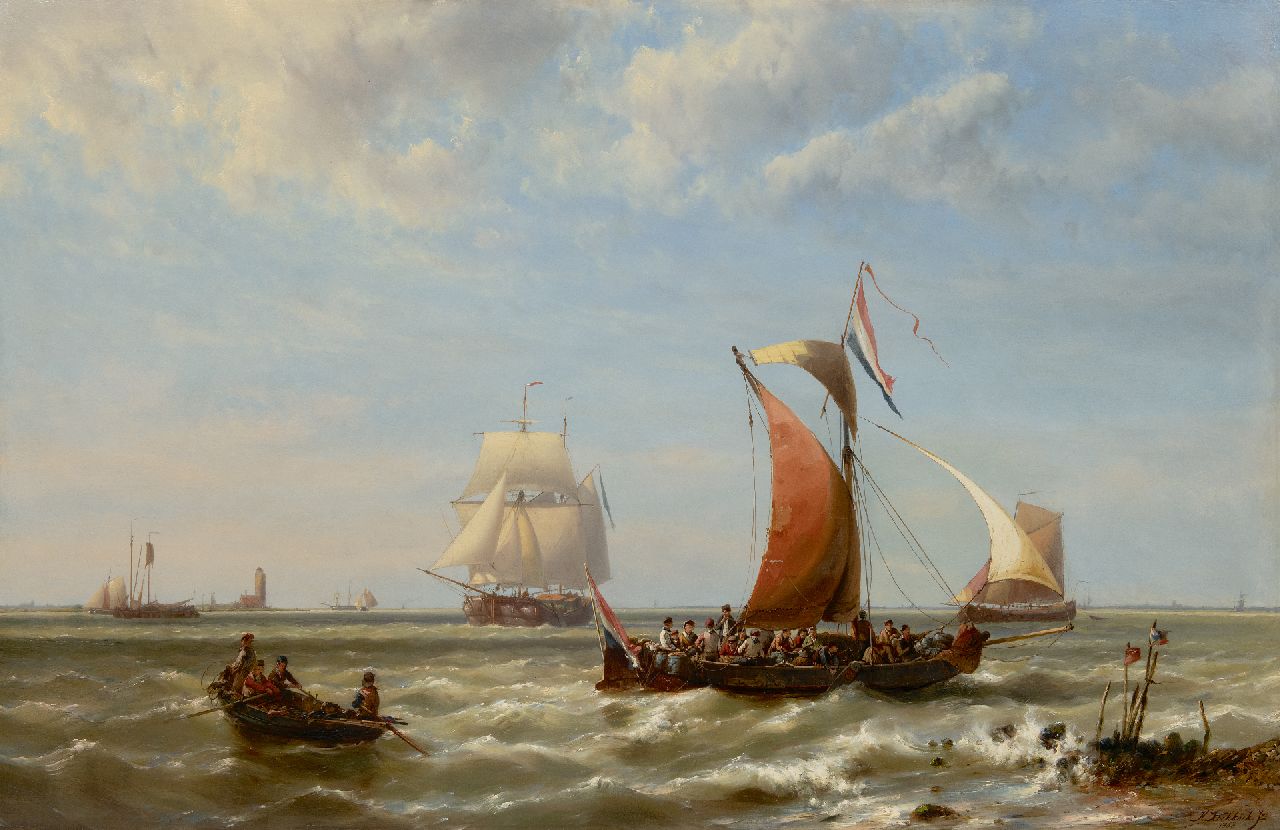 Koekkoek jr. H.  | Hermanus Koekkoek jr., Pleziervaart langs de kust, olieverf op paneel 78,4 x 120,3 cm, gesigneerd rechtsonder en gedateerd 1868