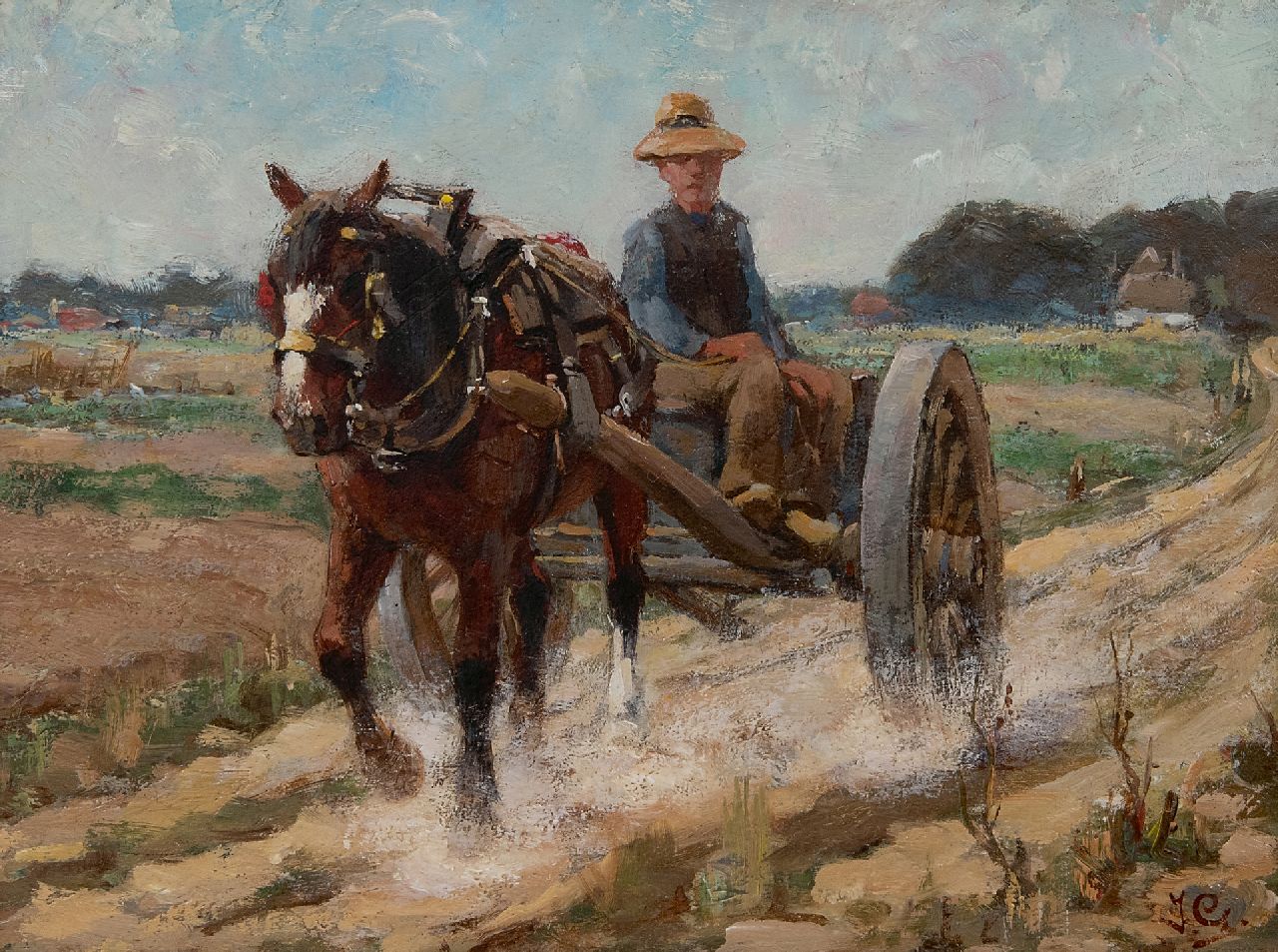 Geerlings J.H.  | Jacob Hendrik Geerlings, Paard en wagen op een landweg, olieverf op paneel 21,5 x 28,7 cm, gesigneerd rechtsonder