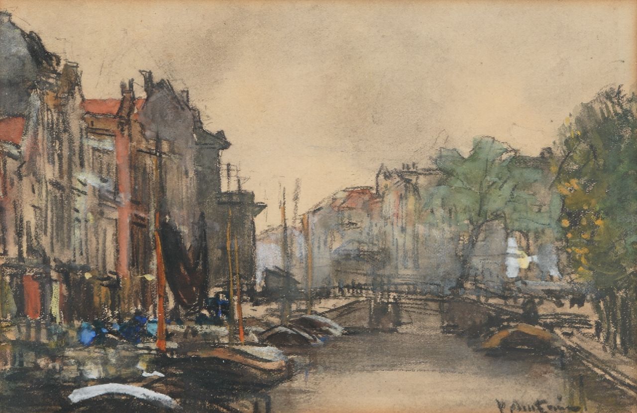 Arntzenius P.F.N.J.  | Pieter Florentius Nicolaas Jacobus 'Floris' Arntzenius | Aquarellen en tekeningen te koop aangeboden | Gezicht op een grachtje, zwart krijt en aquarel op papier 13,1 x 19,2 cm, gesigneerd rechtsonder