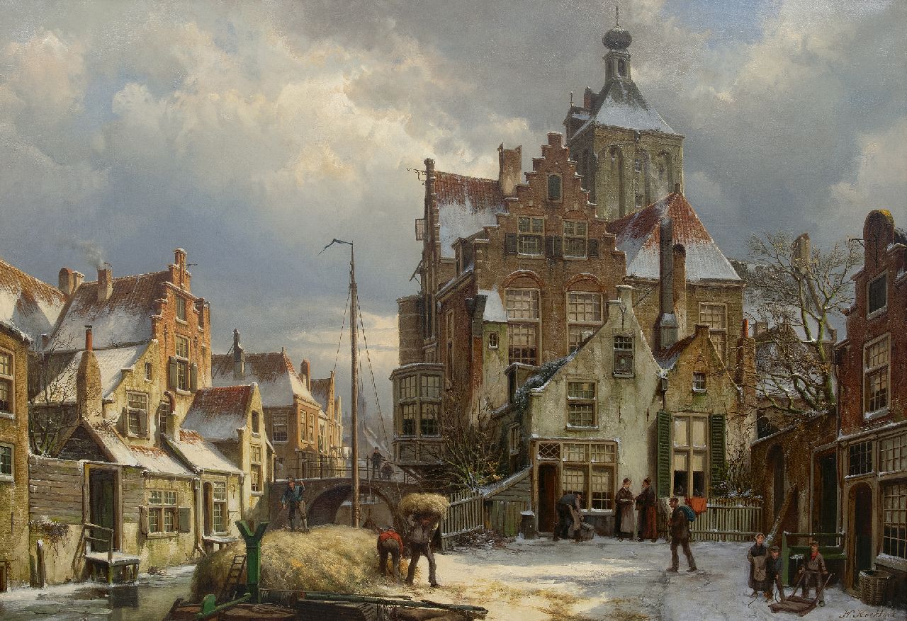 Koekkoek W.  | Willem Koekkoek, Winters stadsgezicht Culemborg, olieverf op doek 86,5 x 125,3 cm, gesigneerd rechtsonder en ca. 1885