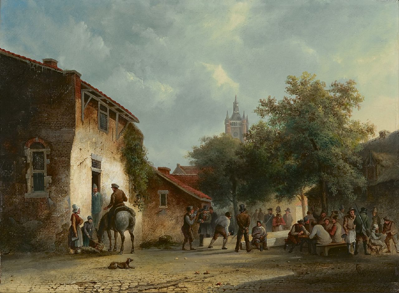 Gijselman W.  | Warner Gijselman | Schilderijen te koop aangeboden | Kegelen op het dorpsplein, olieverf op paneel 34,1 x 46,7 cm, gesigneerd rechtsonder en zonder lijst