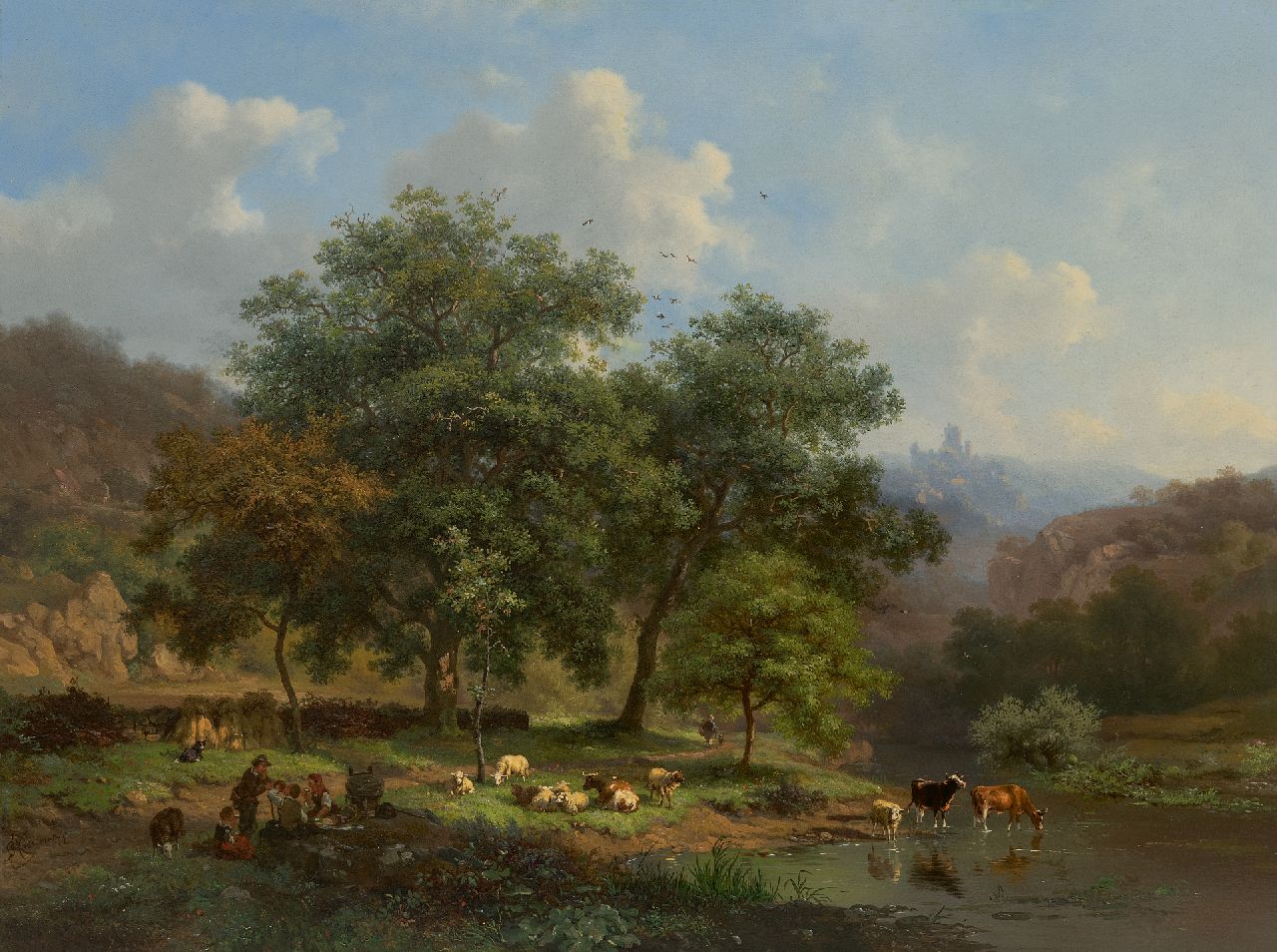 Kruseman F.M.  | Frederik Marinus Kruseman | Schilderijen te koop aangeboden | Zomerlandschap met rustend landvolk en vee bij een rivier, olieverf op paneel 48,1 x 64,4 cm, gesigneerd linksonder