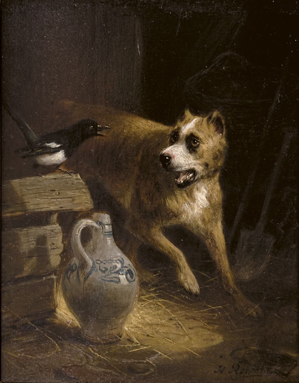 Ronner-Knip H.  | Henriette Ronner-Knip | Schilderijen te koop aangeboden | Een brutale gast, olieverf op paneel 19,2 x 15,7 cm, gesigneerd rechtsonder