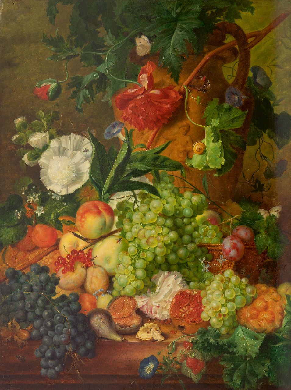 Hollandse School, 19e eeuw   | Hollandse School, 19e eeuw | Schilderijen te koop aangeboden | Stilleven van bloemen en vruchten  (nader in onderzoek), olieverf op paneel 78,2 x 58,5 cm, gesigneerd middenonder met Jan Van Huysum en gedateerd 1735