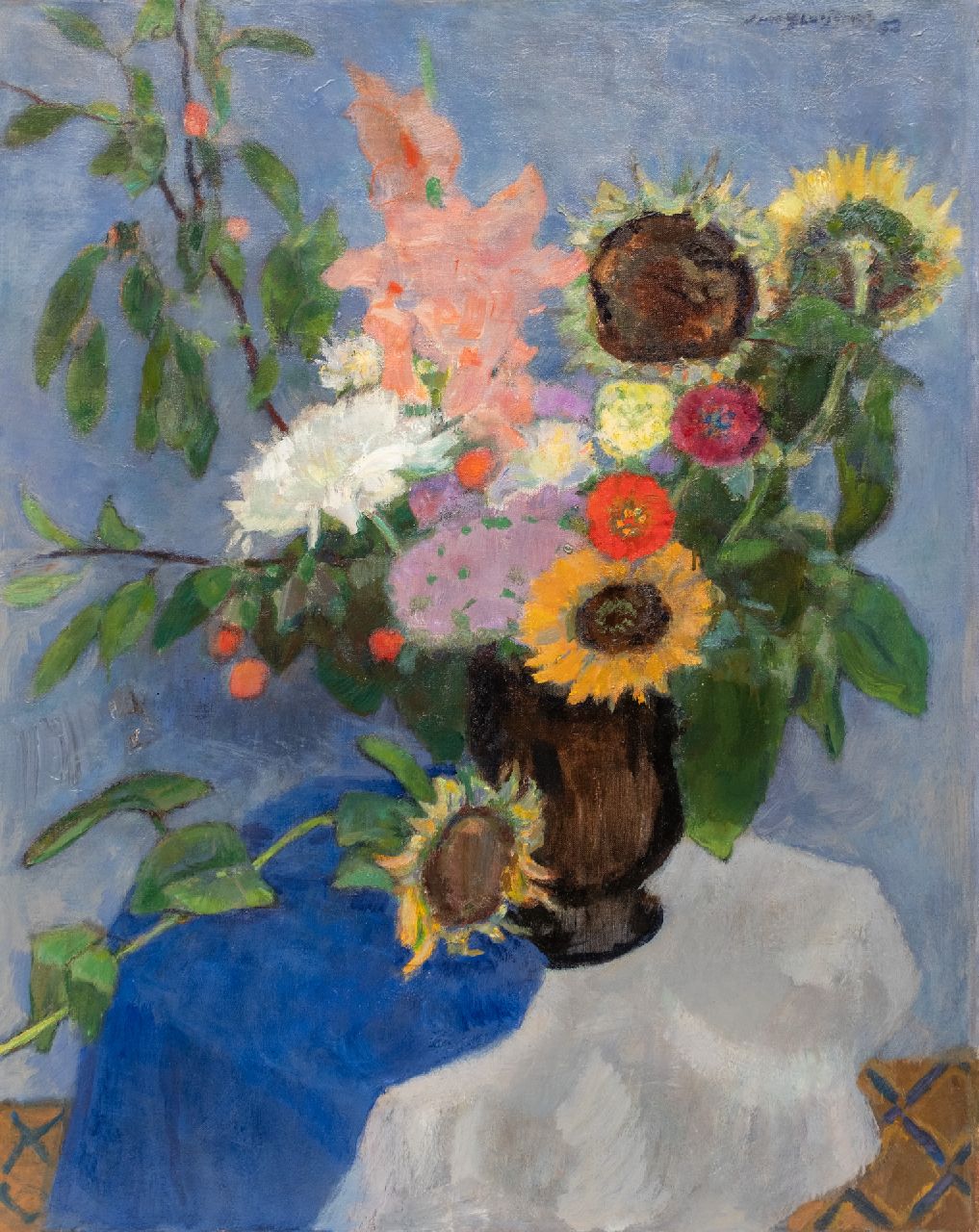 Sluijters J.C.B.  | Johannes Carolus Bernardus 'Jan' Sluijters | Schilderijen te koop aangeboden | Stilleven met zonnebloemen en andere bloemen, olieverf op doek 100,0 x 79,5 cm, gesigneerd rechtsboven en gedateerd '52