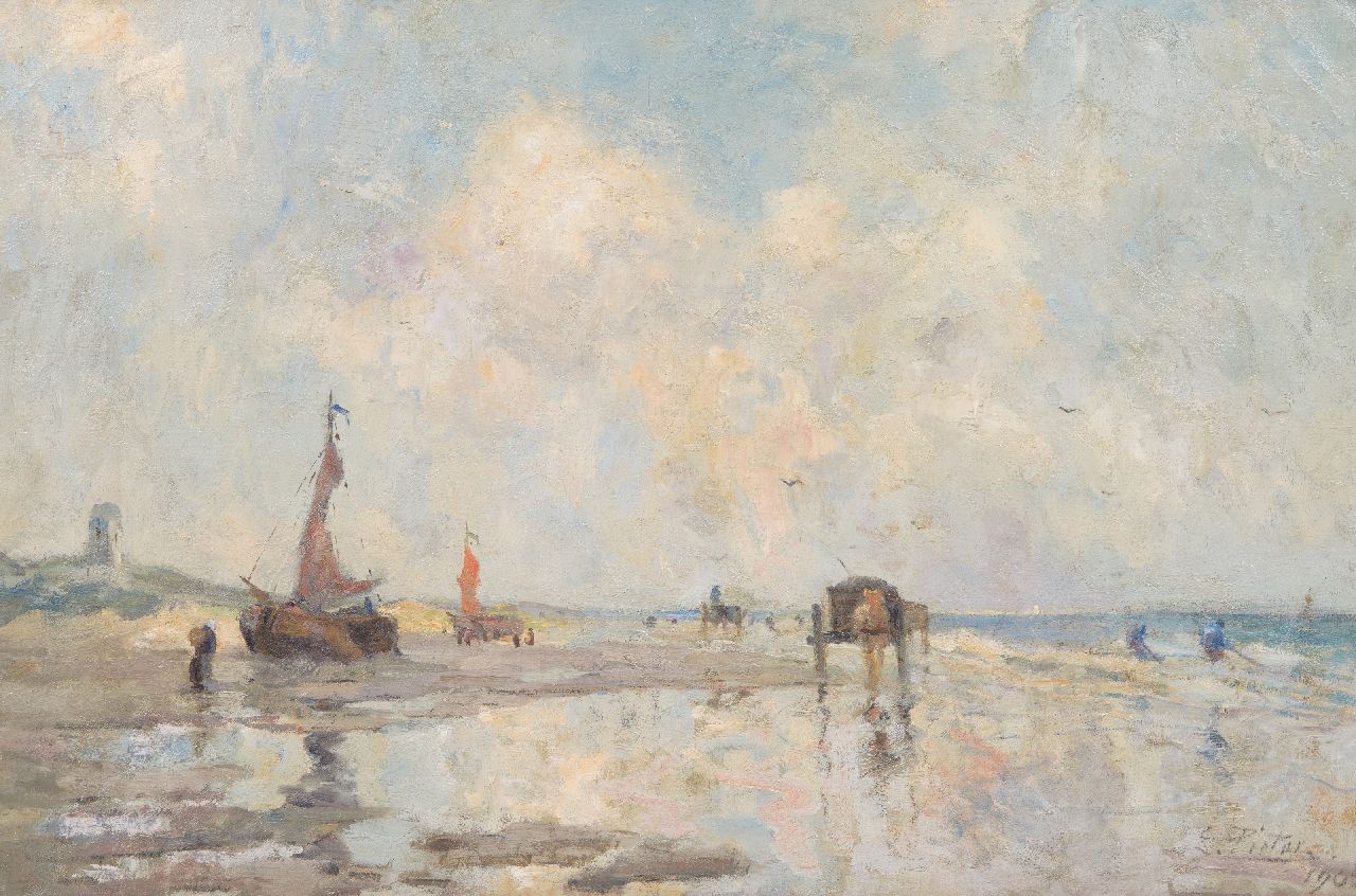 Pieters E.  | Evert Pieters | Schilderijen te koop aangeboden | Strand bij Katwijk met bomschuiten en schelpenvissers, olieverf op doek 85,5 x 130,2 cm, gesigneerd rechtsonder en gedateerd 1906