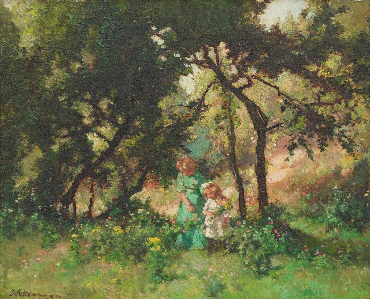 Akkeringa J.E.H.  | 'Johannes Evert' Hendrik Akkeringa | Schilderijen te koop aangeboden | Bloemen plukken in de duinen, olieverf op doek 29,0 x 35,4 cm, gesigneerd rechtsonder