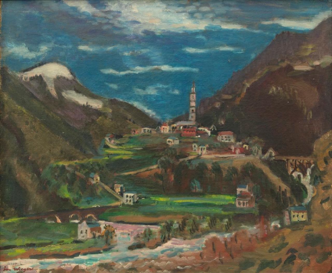 Wiegers J.  | Jan Wiegers | Schilderijen te koop aangeboden | Gezicht op Tegna, Ticino, Zwitserland, olieverf op doek 61,5 x 73,4 cm, gesigneerd linksonder en te dateren ca. 1949