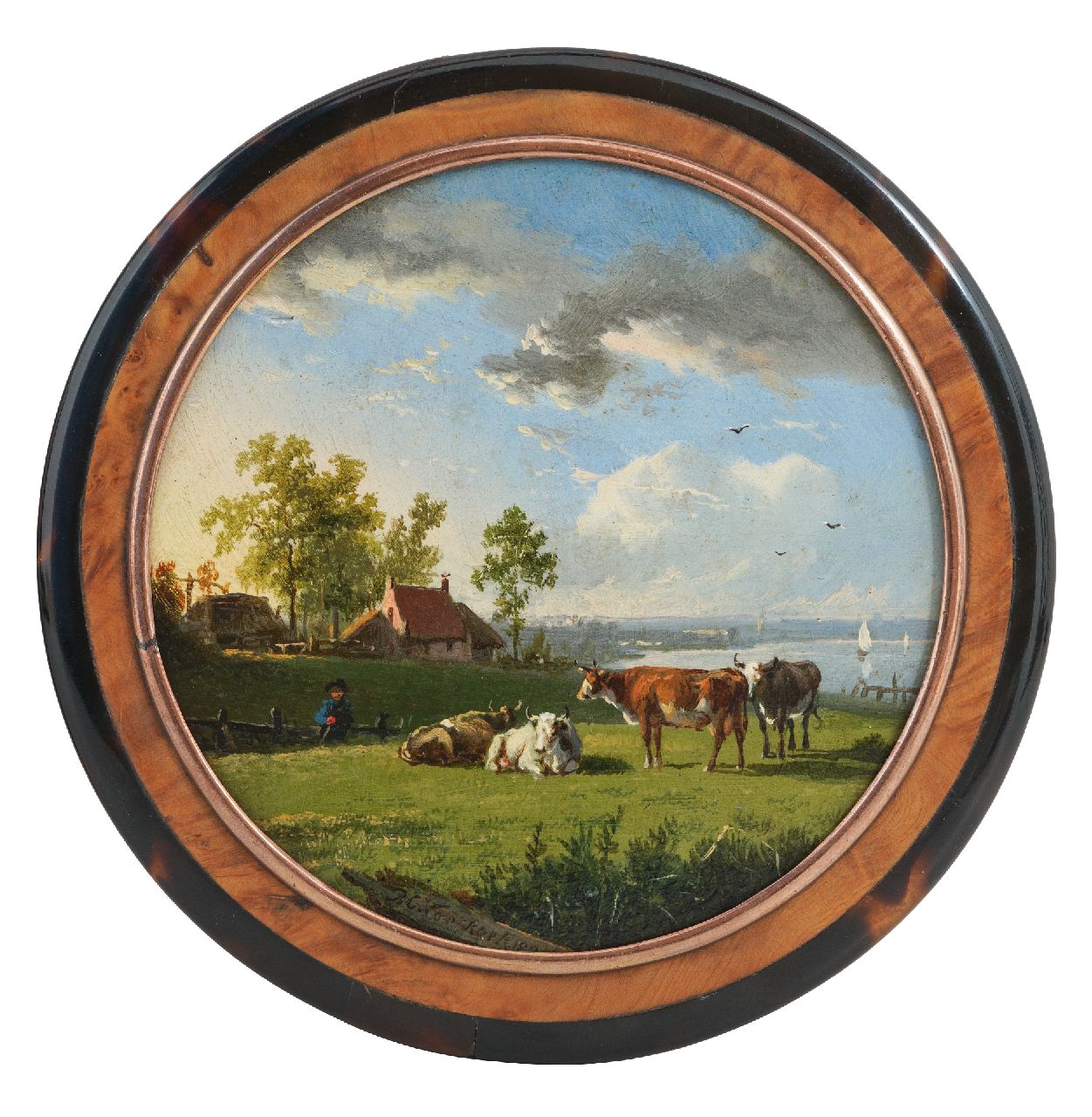 Koekkoek B.C.  | Barend Cornelis Koekkoek | Beelden en objecten te koop aangeboden | Dekseldoosje beschilderd met rivierlandschap, koper, hout, gesigneerd middenonder en gedateerd 1838