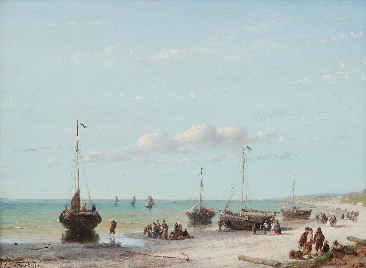 Schelfhout A.  | Andreas Schelfhout | Schilderijen te koop aangeboden | Strandgezicht met schepen, vissers en elegante wandelaars, olieverf op paneel 32,1 x 43,0 cm, gesigneerd linksonder en gedateerd '59