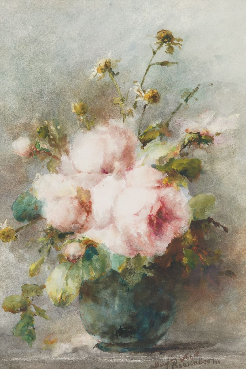 Roosenboom M.C.J.W.H.  | 'Margaretha' Cornelia Johanna Wilhelmina Henriëtta Roosenboom | Aquarellen en tekeningen te koop aangeboden | Stilleven met roze pioenrozen, aquarel op papier 52,5 x 35,5 cm, gesigneerd rechtsonder