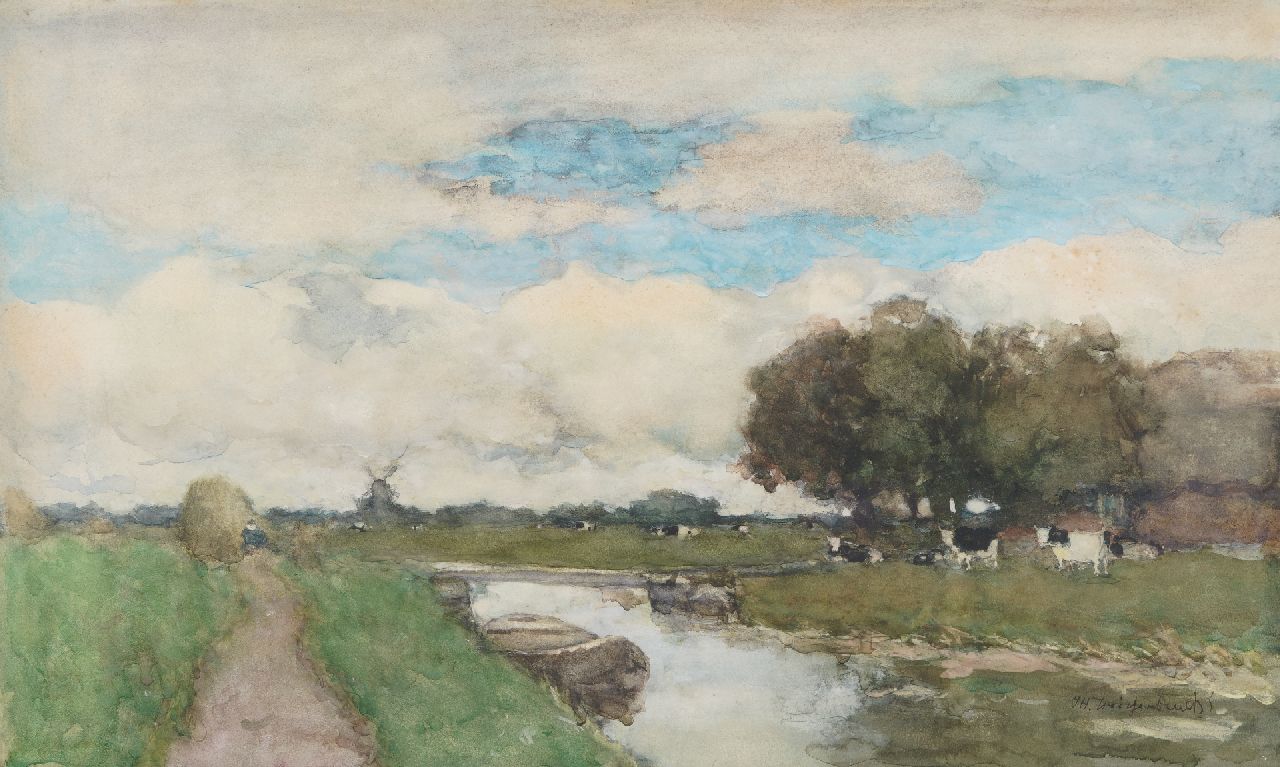 Weissenbruch H.J.  | Hendrik Johannes 'J.H.' Weissenbruch | Aquarellen en tekeningen te koop aangeboden | Koeien in polderlandschap, aquarel op papier 38,0 x 61,5 cm, gesigneerd rechtsonder