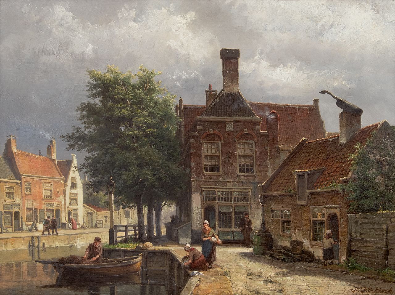 Koekkoek W.  | Willem Koekkoek, Grachtje in Haarlem, olieverf op paneel 41,7 x 56,2 cm, gesigneerd rechtsonder en verso gedateerd 1877