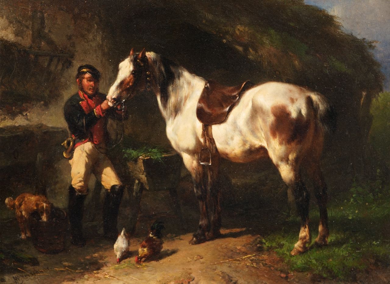 Verschuur W.  | Wouterus Verschuur | Schilderijen te koop aangeboden | Postiljon met hoorn verzorgt zijn paard, olieverf op paneel 19,5 x 26,1 cm, gesigneerd linksonder