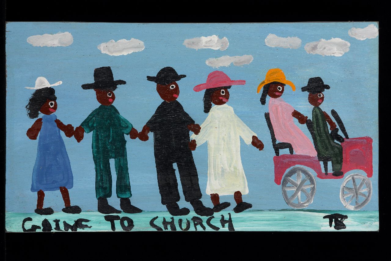 Brown T.  | Timothy 'Tim' Brown, Going to church, acryl op paneel 23,0 x 41,0 cm, gesigneerd rechtsonder met initialen