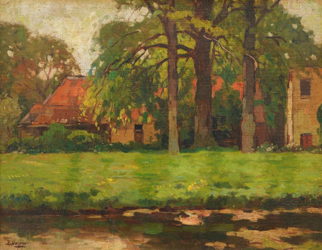 Viegers B.P.  | Bernardus Petrus 'Ben' Viegers | Schilderijen te koop aangeboden | Boerderij en bomen langs een beek, olieverf op doek 38,4 x 48,6 cm, gesigneerd linksonder