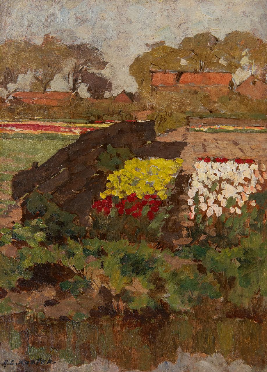Koster A.L.  | Anton Louis 'Anton L.' Koster | Schilderijen te koop aangeboden | Bollenvelden, olieverf op paneel 35,0 x 24,9 cm, gesigneerd linksonder