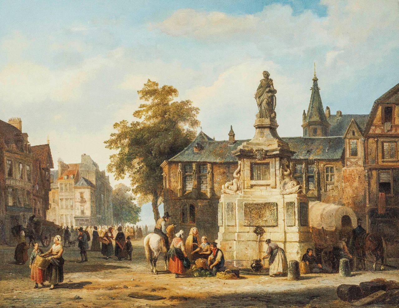 Springer C.  | Cornelis Springer | Schilderijen te koop aangeboden | Figuren bij een stadsmonument, olieverf op doek 41,0 x 52,0 cm