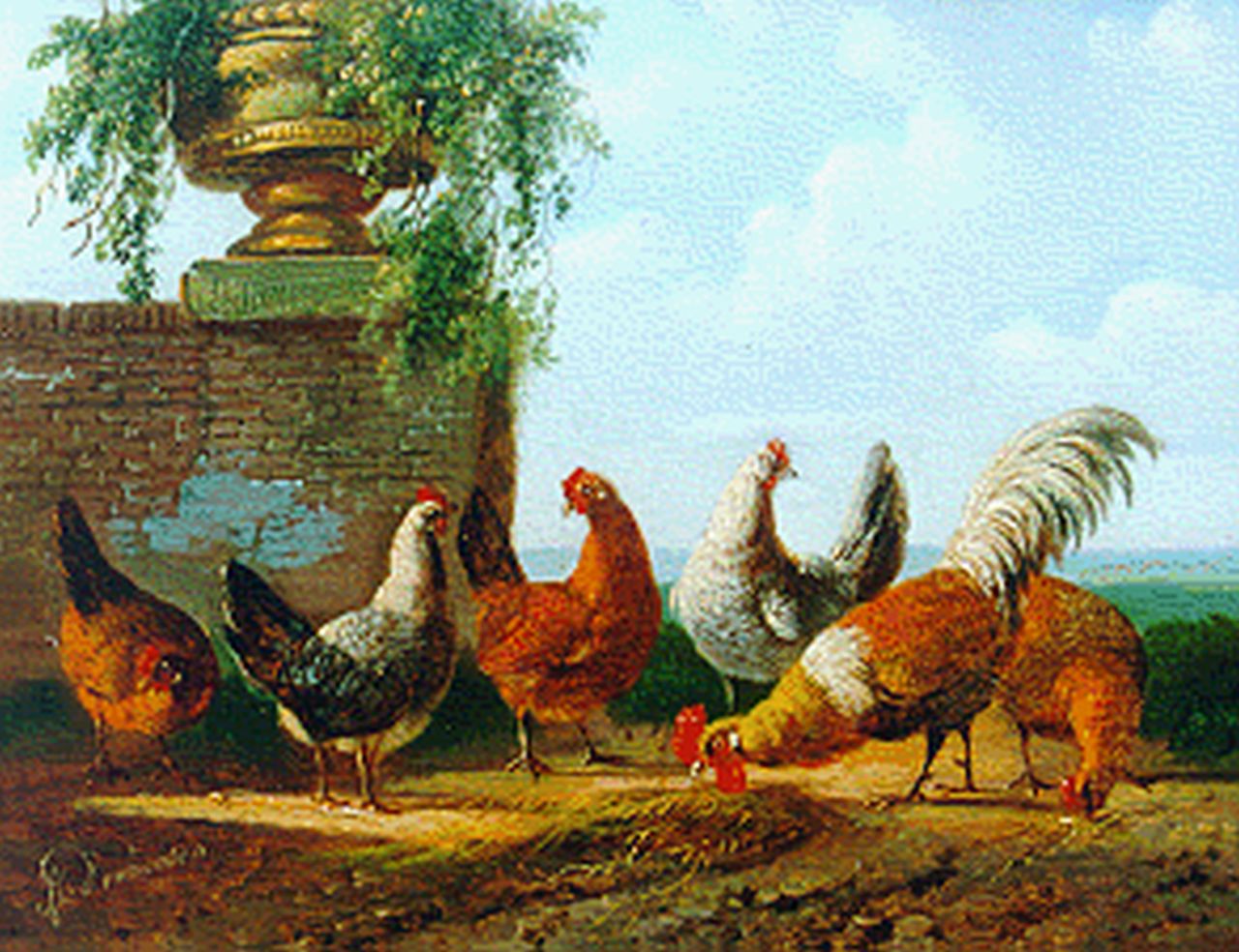 Verhoesen A.  | Albertus Verhoesen, Haan met vijf kippen, olieverf op paneel 12,5 x 15,5 cm, gesigneerd linksonder