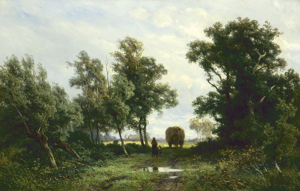 Borselen J.W. van | Jan Willem van Borselen, Huiswaarts na het hooien, olieverf op doek 45,0 x 70,3 cm, gesigneerd rechtsonder