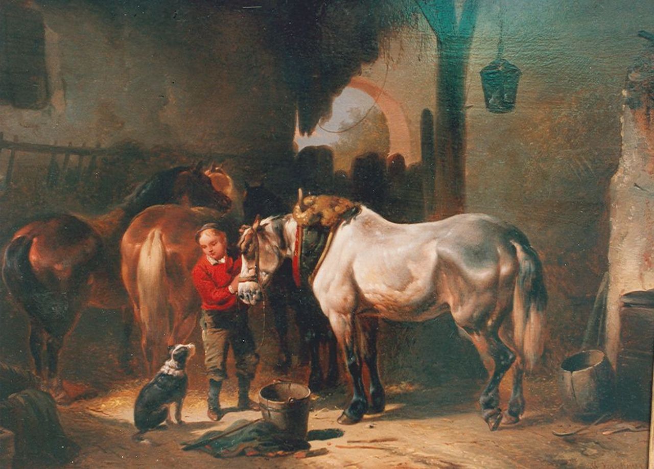 Verschuur W.  | Wouterus Verschuur, Boerenpaarden met knecht en hond in de stal, olieverf op paneel 34,5 x 47,2 cm, gesigneerd rechtsonder