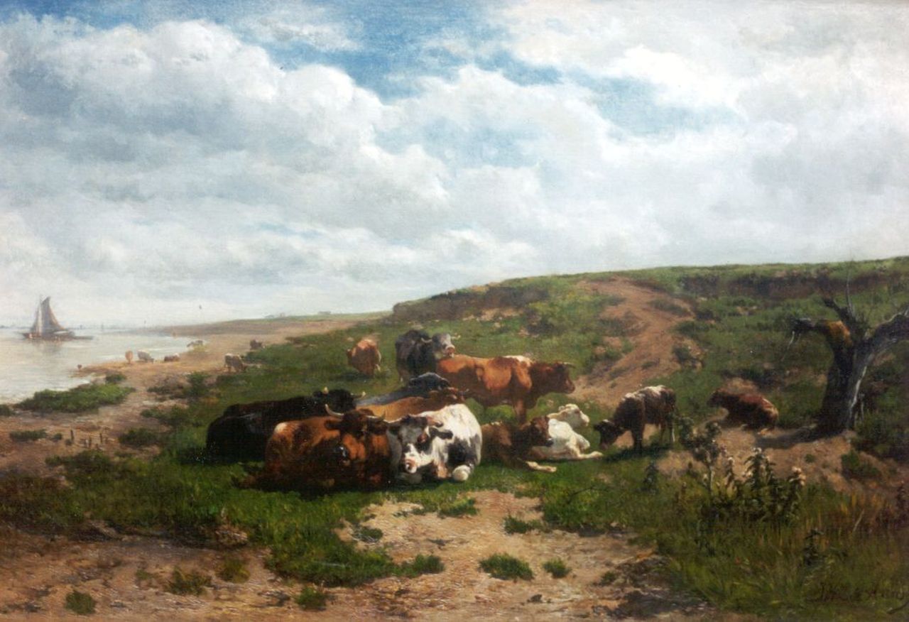 Haas J.H.L. de | Johannes Hubertus Leonardus de Haas, Rustend vee op een rivieroever, olieverf op doek 48,7 x 71,0 cm, gesigneerd rechtsonder