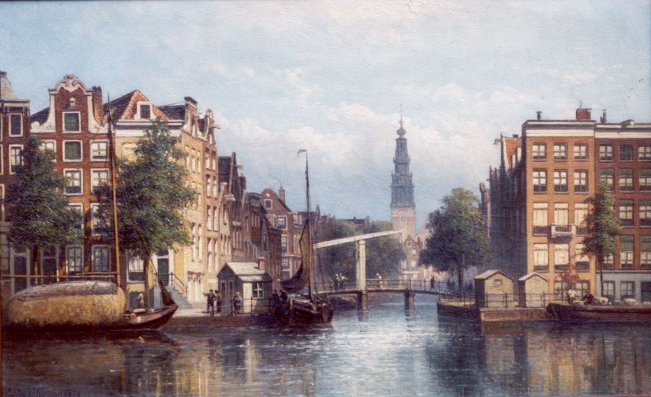 Hilverdink E.A.  | Eduard Alexander Hilverdink, Gezicht op de Groenburgwal, Amsterdam, gezien vanaf de Amstel, olieverf op doek 29,5 x 46,7 cm, gesigneerd linksonder en gedateerd '79
