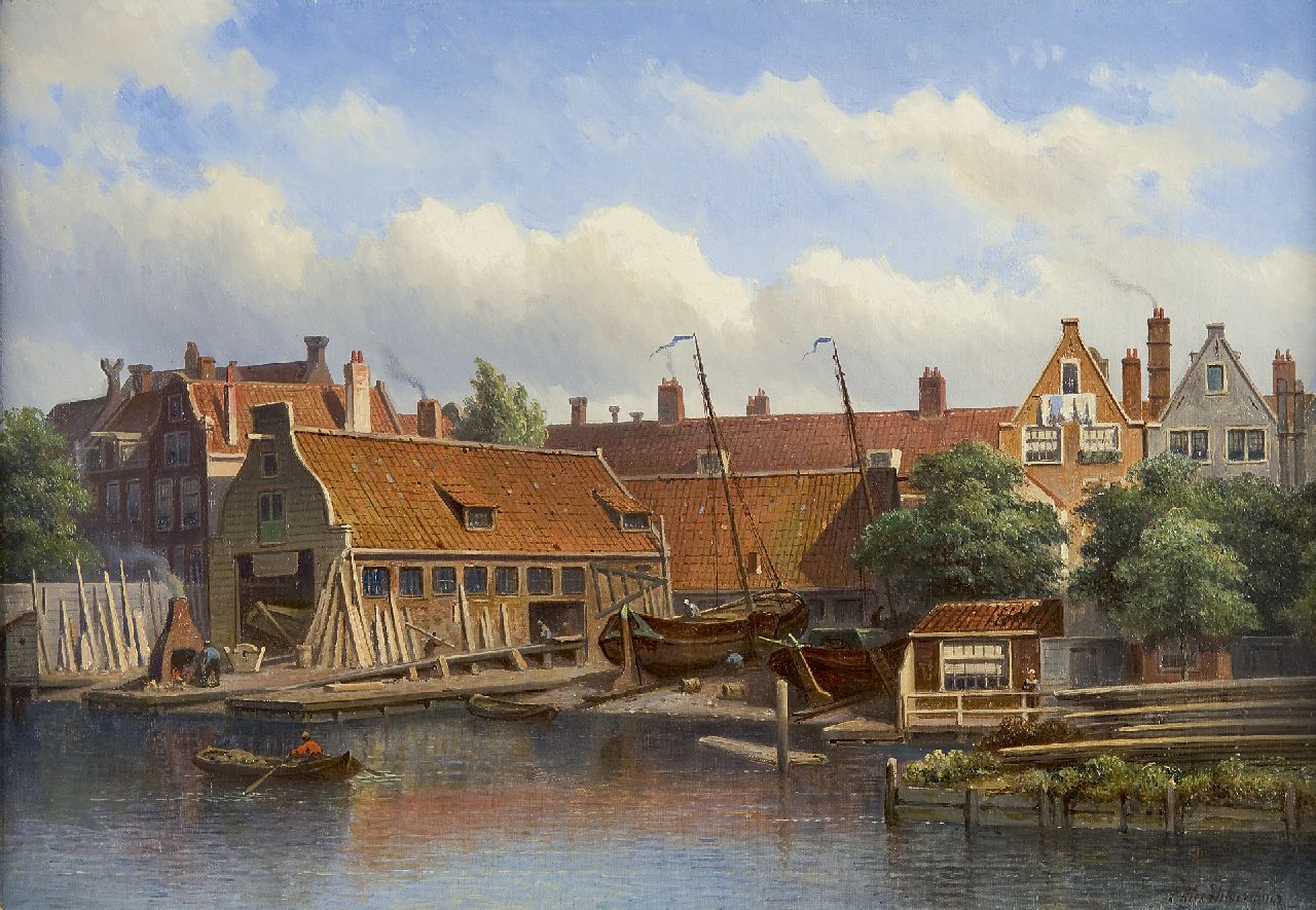 Hilverdink E.A.  | Eduard Alexander Hilverdink, Scheepswerf 'Het Jagt' aan de Looijerssloot in Amsterdam, olieverf op doek 35,0 x 50,2 cm, gesigneerd rechtsonder