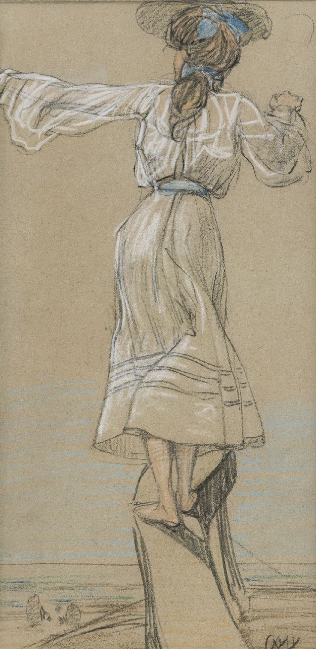 Vaarzon Morel W.F.A.I.  | Wilhelm Ferdinand Abraham Isaac 'Willem' Vaarzon Morel, Jong meisje op de uitkijk aan zee, pastel op papier 31,6 x 18,2 cm, gesigneerd rechtsonder met monogram