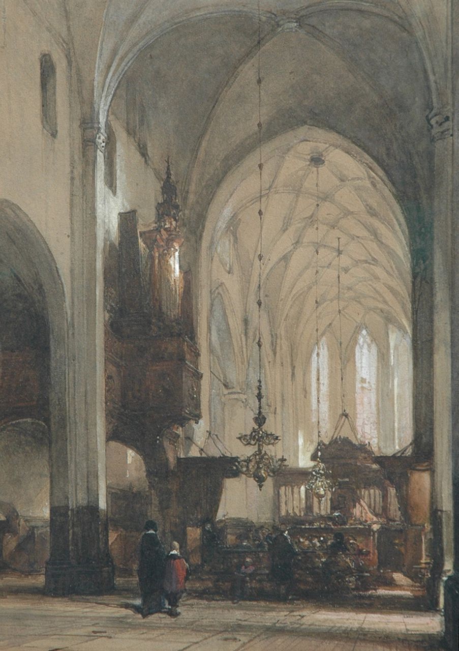 Bosboom J.  | Johannes Bosboom, Kerkdienst in de Grote Kerk te Hattem, aquarel op papier 49,5 x 36,0 cm, gesigneerd rechtsonder