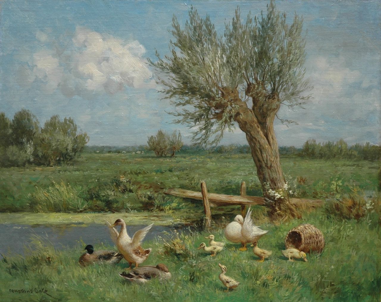 Artz C.D.L.  | 'Constant' David Ludovic Artz, Polderlandschap met eenden en kuikens, olieverf op doek op paneel 40,2 x 50,0 cm, gesigneerd linksonder
