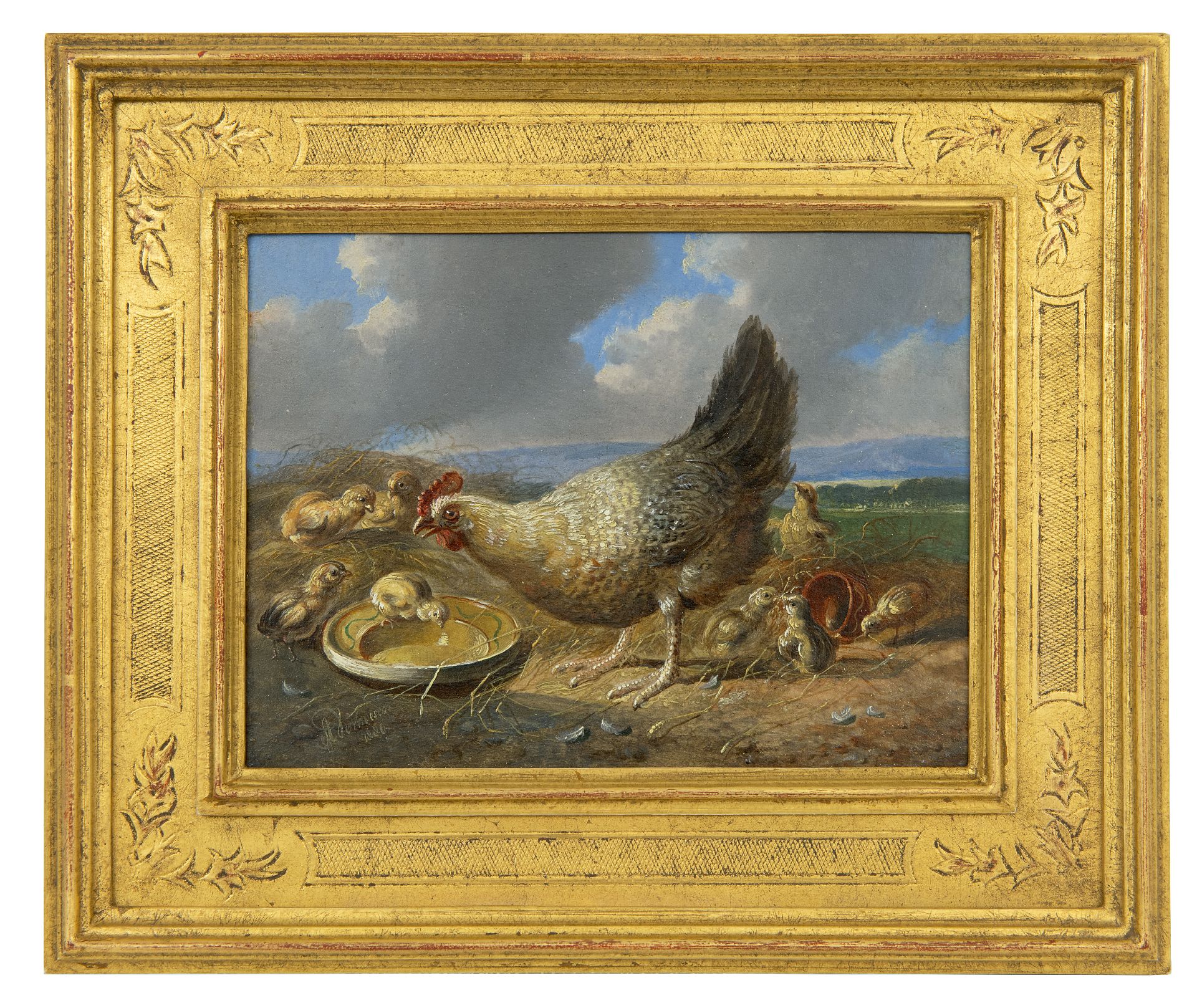 Albertus Verhoesen | Schilderijen te Koop Hen met kuikens in weids landschap (tezamen met pendant)