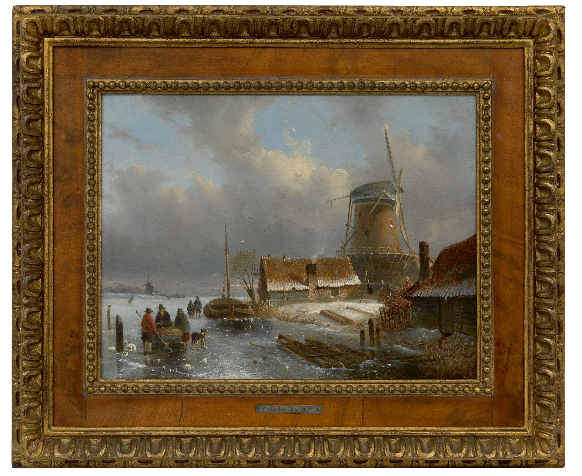 muis of rat Nationale volkstelling dorp Charles Leickert | Schilderijen te Koop | Hollands winterlandschap met  goederenslee en figuren op het ijs